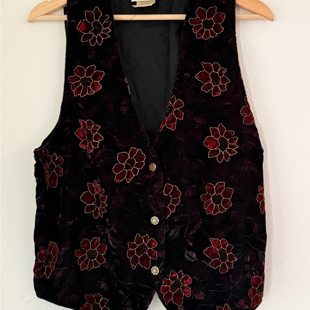 Vintage Anchor Blue Vest Women Medium Black  Purple Flowers